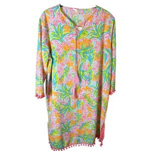 The Royal Standard Floral Pom Pom Tunic Dress L/XL Pink Orange Tropical Tassels